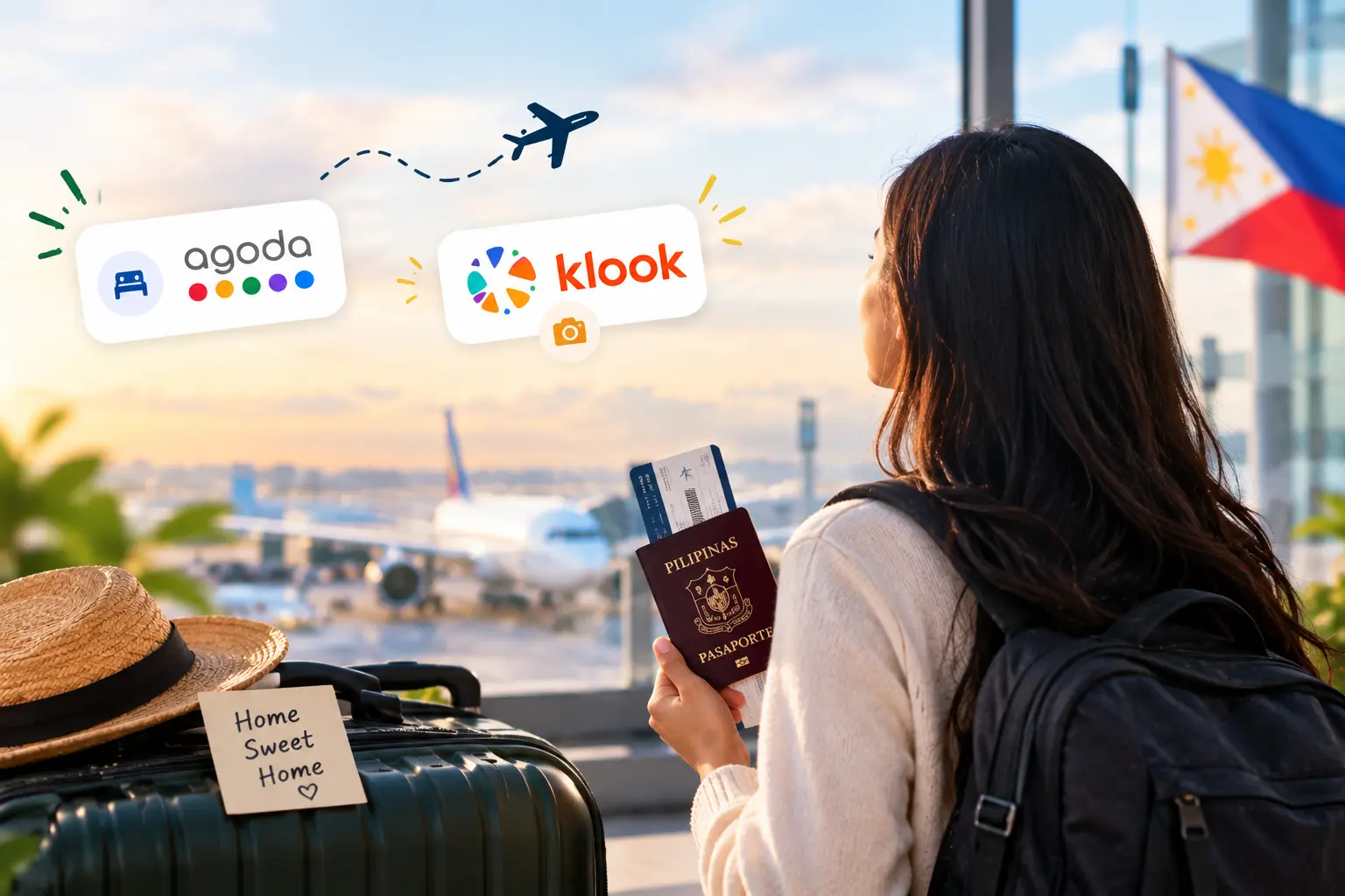 Balikbayan traveler preparing for a Philippines homecoming trip with Agoda and Klook travel bookings.